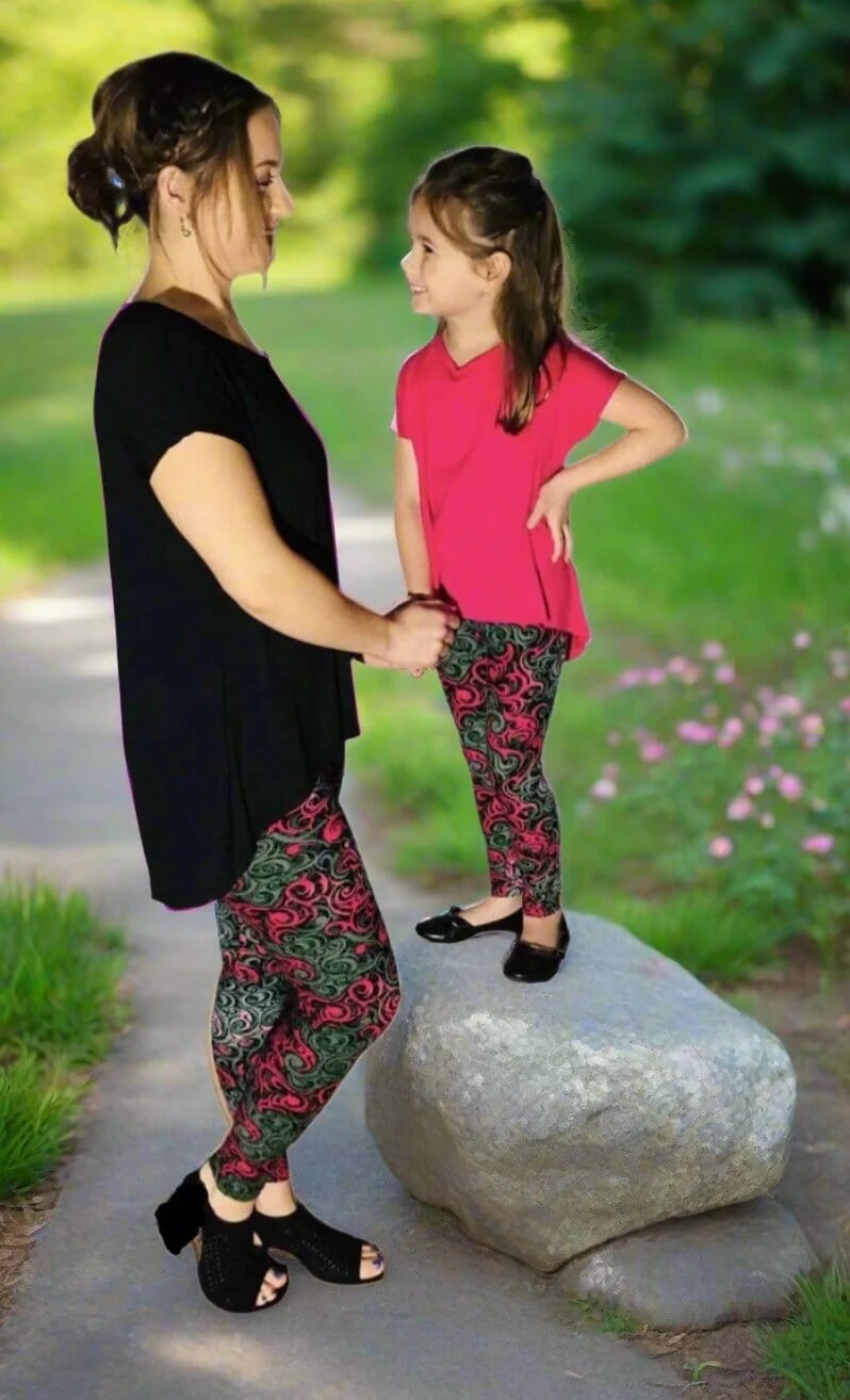 Girls Pink Paisley Leggings, Kids Yoga Pants, Sizes S/L, No-Roll Waist, Pink/Gray/Green Leggings MomMe and More