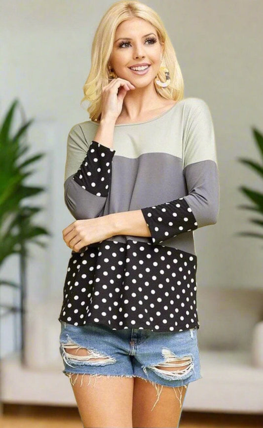 Womens Color Block Striped Shirt, Black White Dot Top, Sizes 1xl/2xl/3xl, Green/Gray/Black Tops MomMe and More