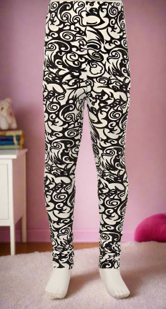 Girls Damask Leggings, Kids Yoga Pants, Sizes S/L, No-Roll Waist, Black/White Leggings MomMe and More