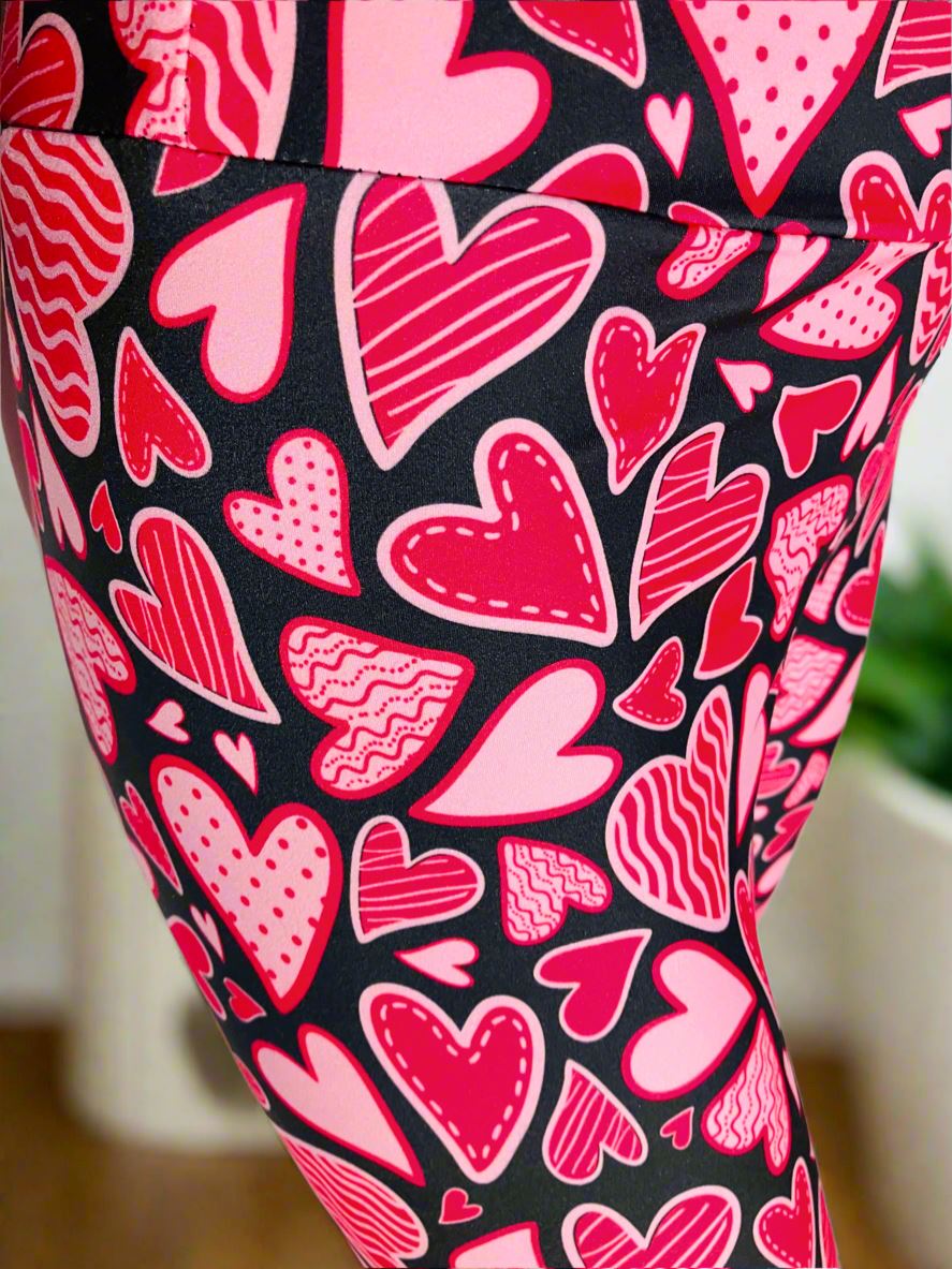 Girls Valentines Day Leggings, Doodle Heart Leggings, Soft Yoga Pants, Sizes S/L, Black/Pink, Exclusive Leggings Leggings MomMe and More