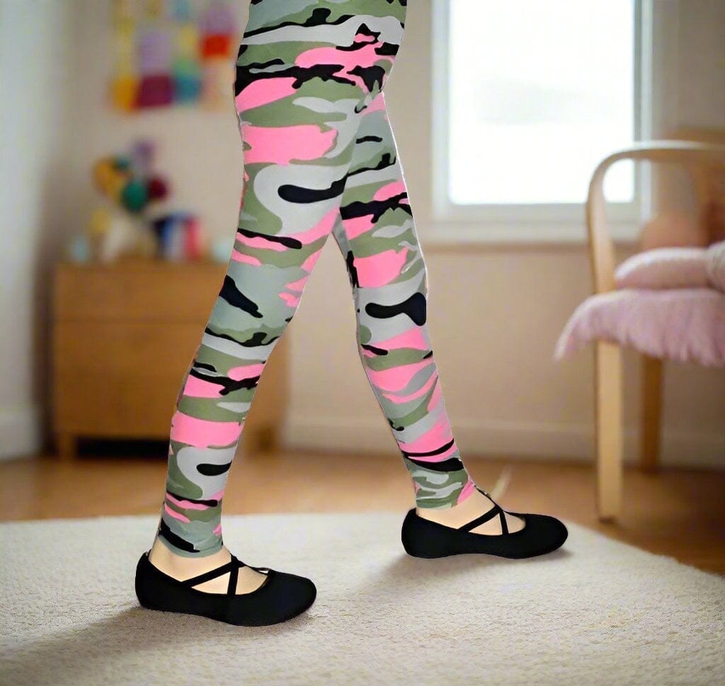 Girls Pink Camouflage Leggings, Kids Yoga Pants, Sizes S/L, No-Roll Waist, Pink/Gray Leggings MomMe and More