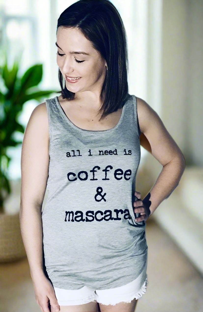 Womens Coffee Mascara Graphic Tank Top, Sizes S/M/L, Gray Tops MomMe and More