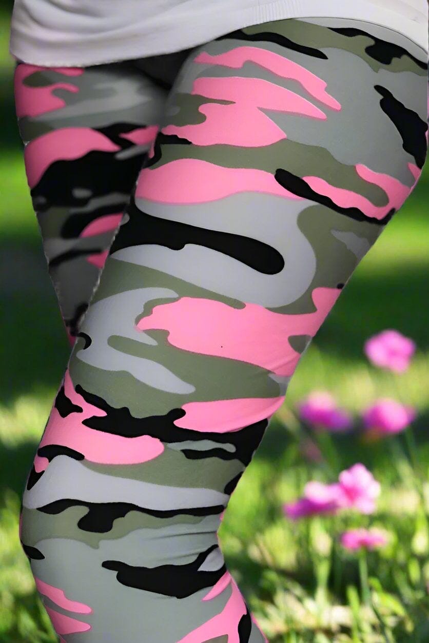Womens Pink Camouflage Leggings, Soft Yoga Pants, Sizes 18-22, No-Roll Waist, Pink/Gray Leggings MomMe and More