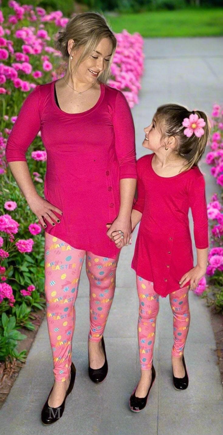 Girls Happy Easter Leggings, Kids Yoga Pants, Sizes S/L, Yoga Waist, Pink, Exclusive Leggings Leggings MomMe and More