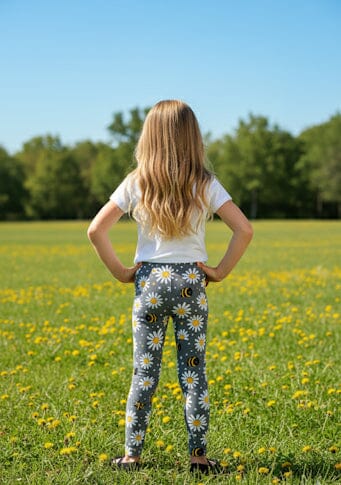 Girls Bee Daisy Leggings - High Waisted - Buttery Soft - Gray/Yellow Leggings MomMe and More
