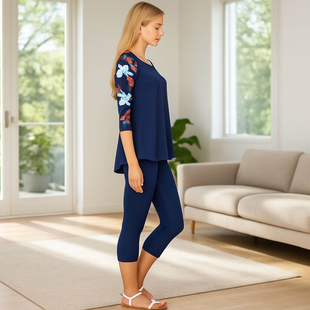 Womens Navy Blue Top - 3/4 Floral Sleeves - Buttery Soft Tops MomMe and More