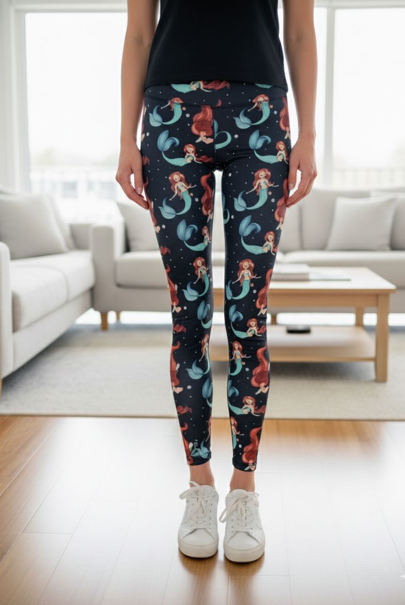 Womens Mermaid Leggings - High Waisted - Buttery Soft Yoga Pants - Black/Multi Leggings MomMe and More S Black Yoga Waist