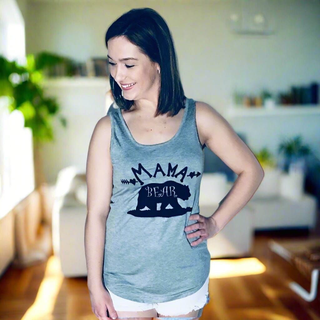 Womens Mama Bear Graphic Tank Top, Sizes S/M/L, Gray Tops MomMe and More