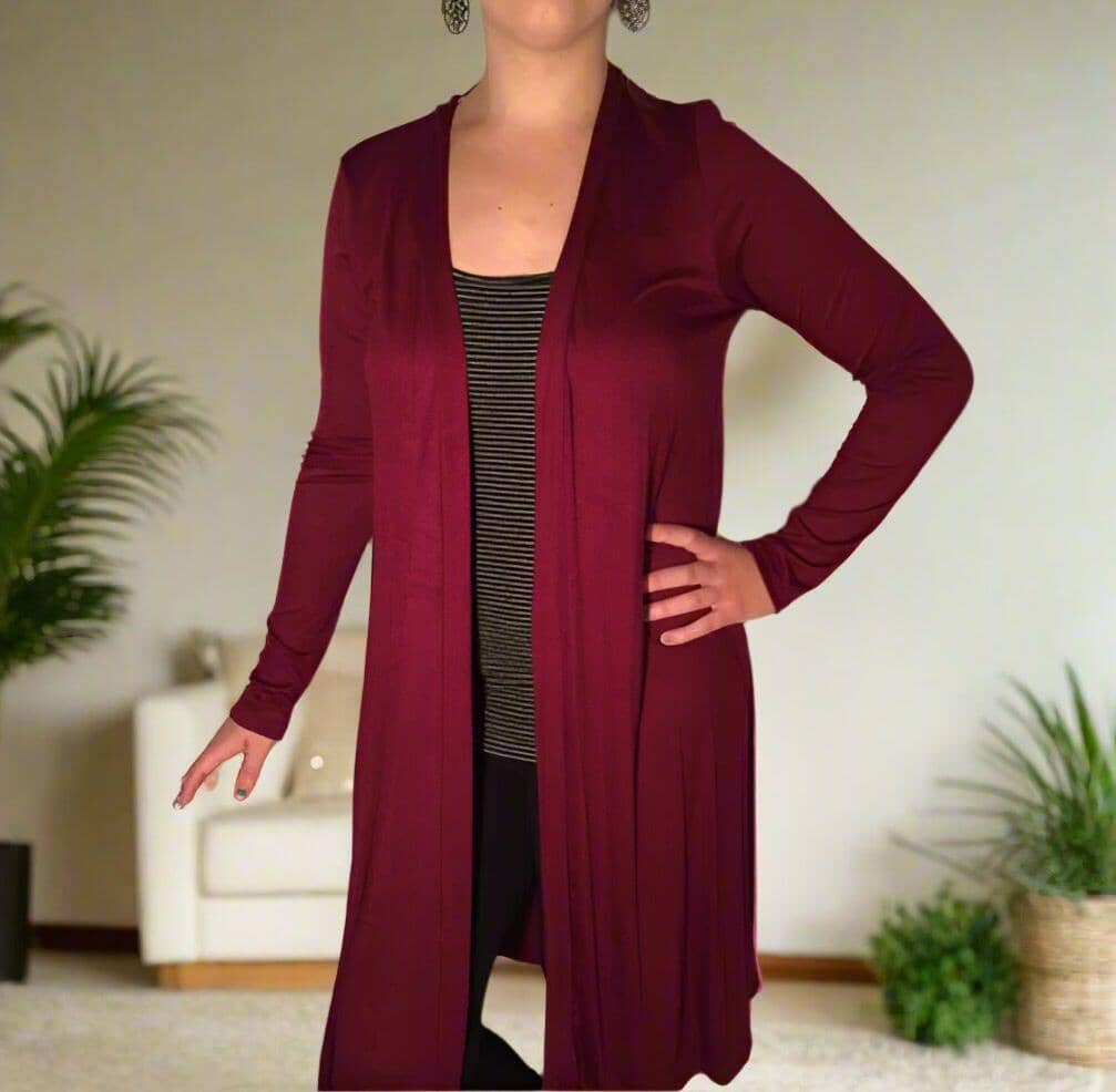 Womens Maroon Cardigan, Long Pocket Duster, Sizes S/M/L/XL, Solid Maroon Cardigan MomMe and More