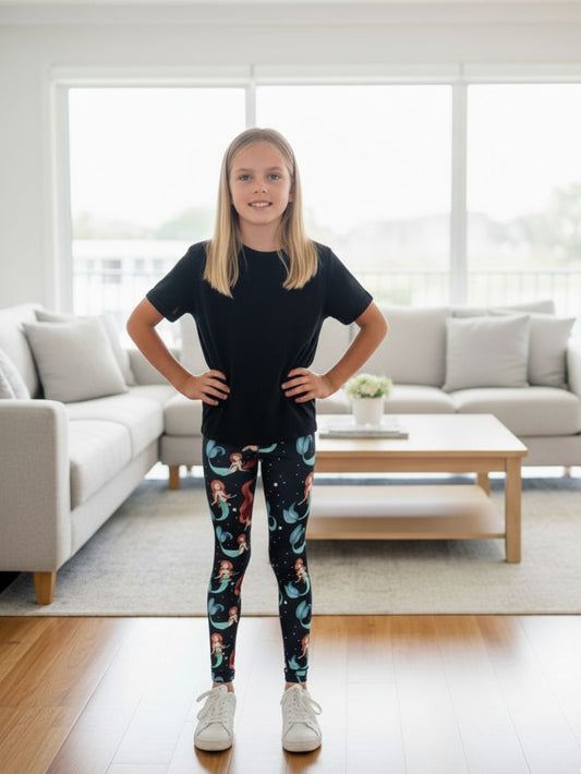Girls Mermaid Leggings - High Waisted - Buttery Soft - Yoga Pants for Kids - Black/Multi Leggings MomMe and More S Black Yoga Waist