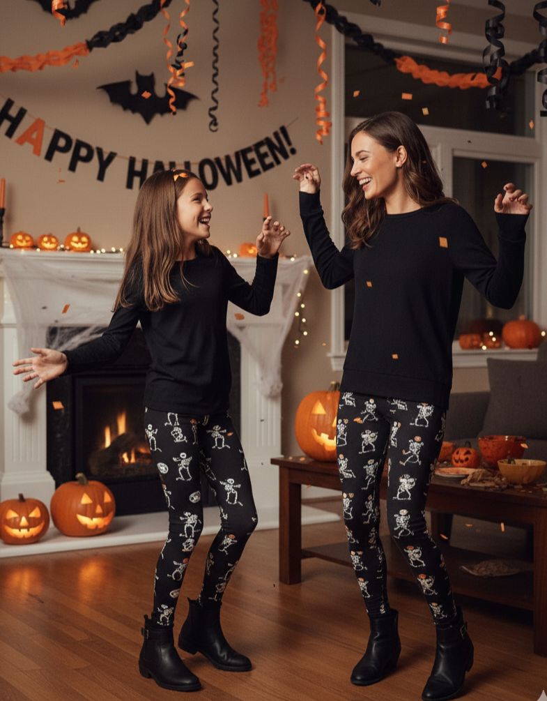 Womens Halloween Leggings - High Waisted - Buttery Soft - Skeleton Leggings for Women - Black/Orange Leggings MomMe and More