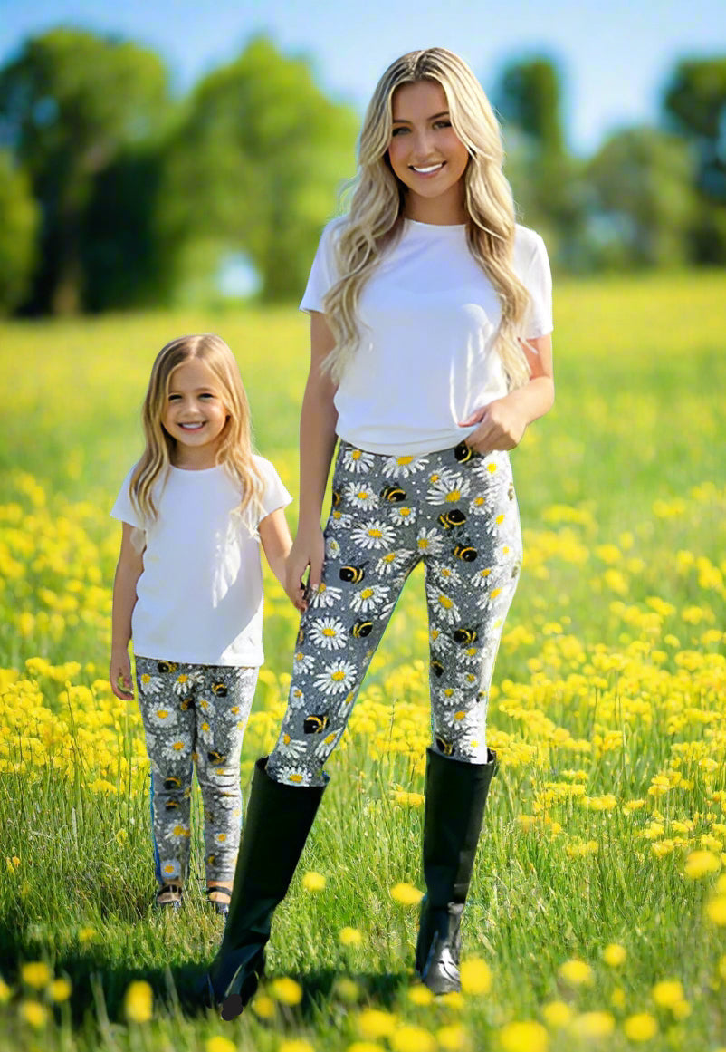 Womens Bee Daisy Leggings - High Waisted - Buttery Soft - Grey/Yellow Leggings MomMe and More