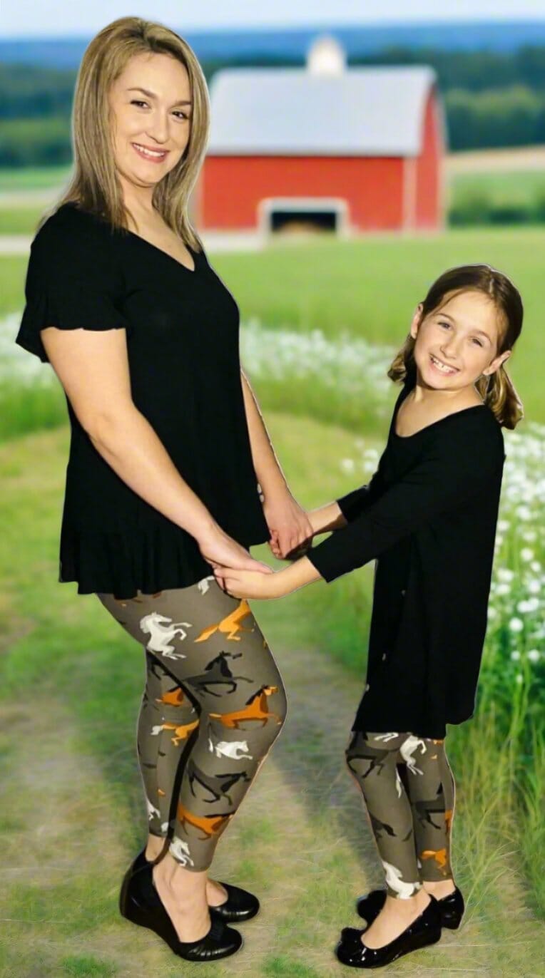 Womens Brown Horse Leggings, Soft Yoga Pants, Sizes 0-22, No Roll Waist, Gray/Brown Leggings MomMe and More