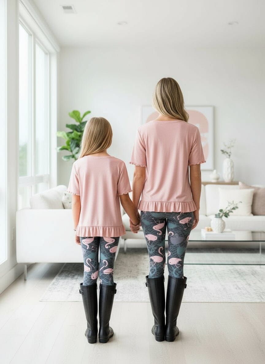 Girls Pink Flamingo Leggings - High Waisted - Buttery Soft Yoga Pants for Kids - Gray/Pink Leggings MomMe and More