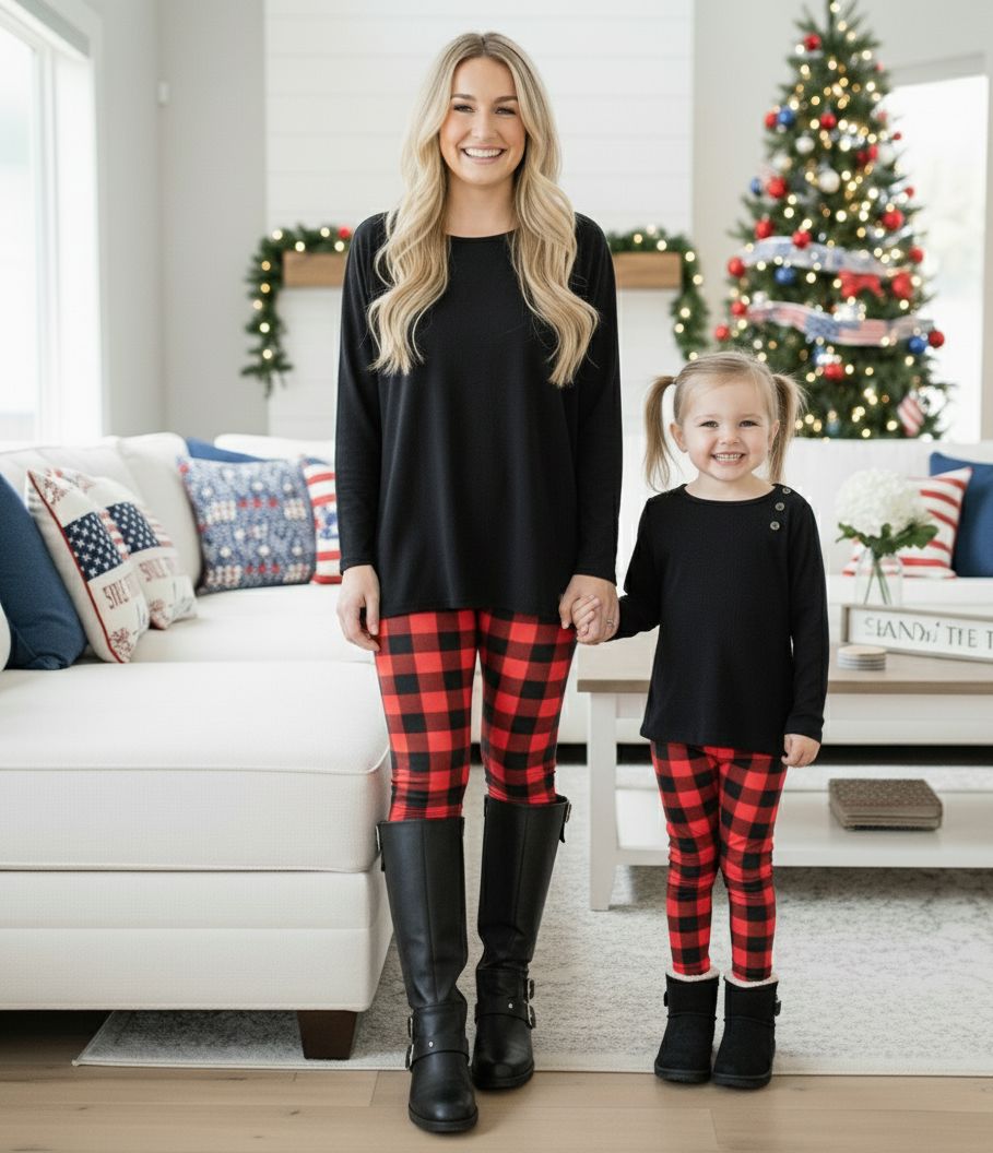 Girls Red Plaid Christmas Leggings - High Waisted - Buttery Soft - Red/Black Leggings MomMe and More