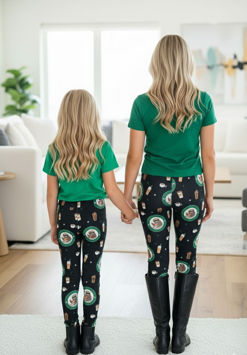 Girls Sloth Coffee Leggings - High Waisted - Buttery Soft - Black/Green Leggings MomMe and More