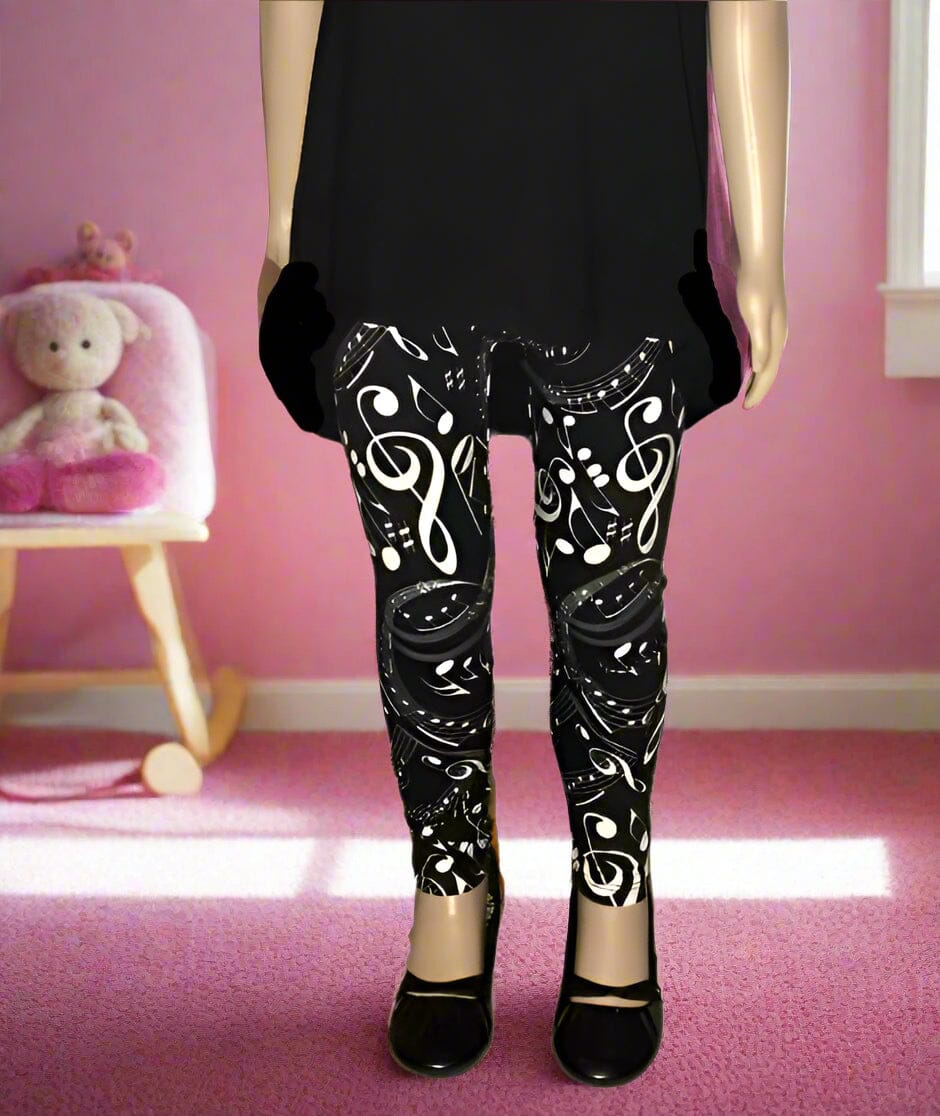 Girls Music Note Leggings, Kids Yoga Pants, Sizes S/L, No-Roll Waist, Black/White Leggings MomMe and More