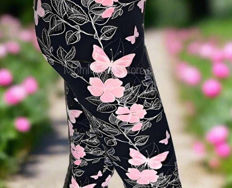 Womens Pink Butterfly Capri Leggings, Soft Yoga Pants, Sizes 0-18, Pink/Black Leggings MomMe and More