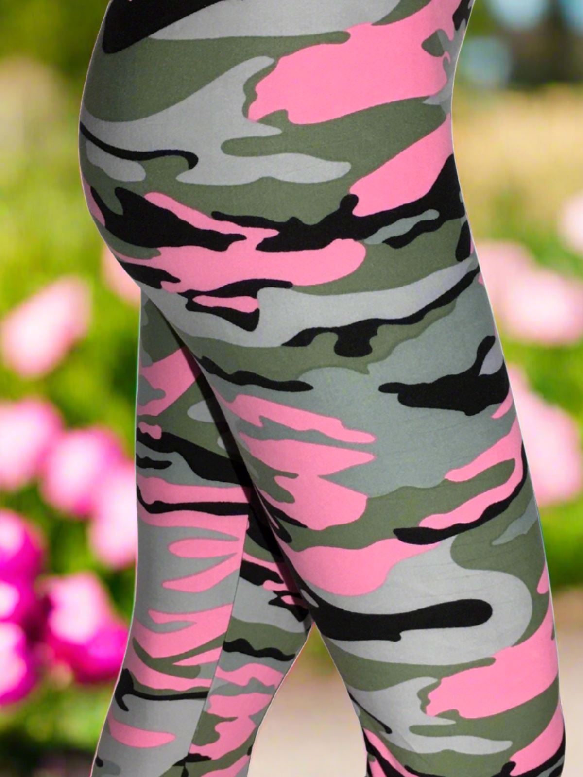 Womens Pink Camouflage Leggings, Soft Yoga Pants, Sizes 18-22, No-Roll Waist, Pink/Gray Leggings MomMe and More