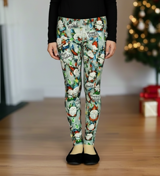 Girls Christmas Gnome Leggings - High Waisted - Buttery Soft - HO HO HO Holiday Lights - Green/Red