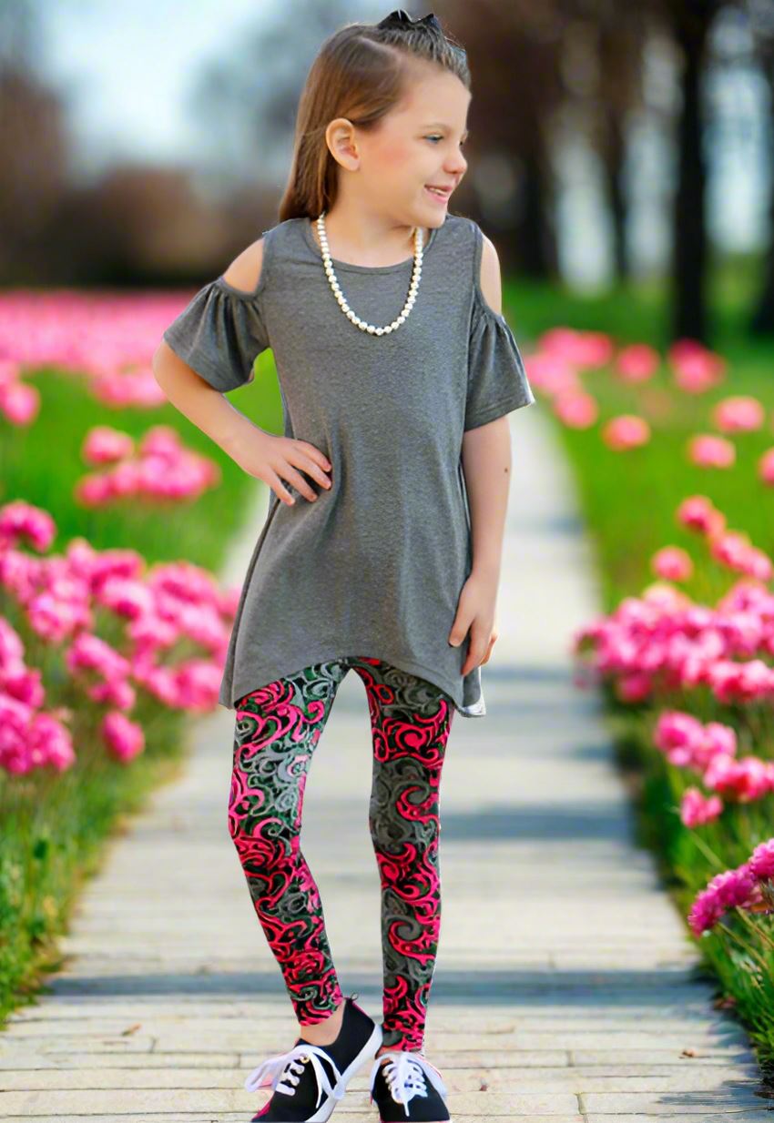 Girls Valentines Day Paisley Leggings, Kids Yoga Pants, Sizes S/L, No-Roll Waist, Pink/Gray/Green Leggings MomMe and More