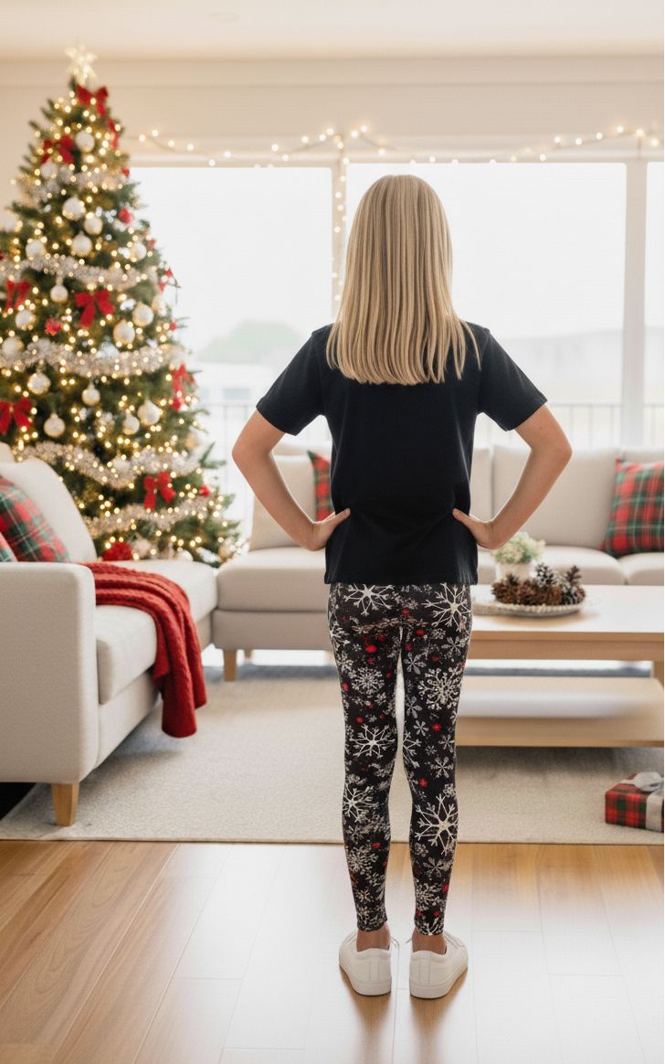 Girls Christmas Snowflake Leggings - High Waisted - Buttery Soft - Yoga Pants for Kids - Black/White Leggings MomMe and More