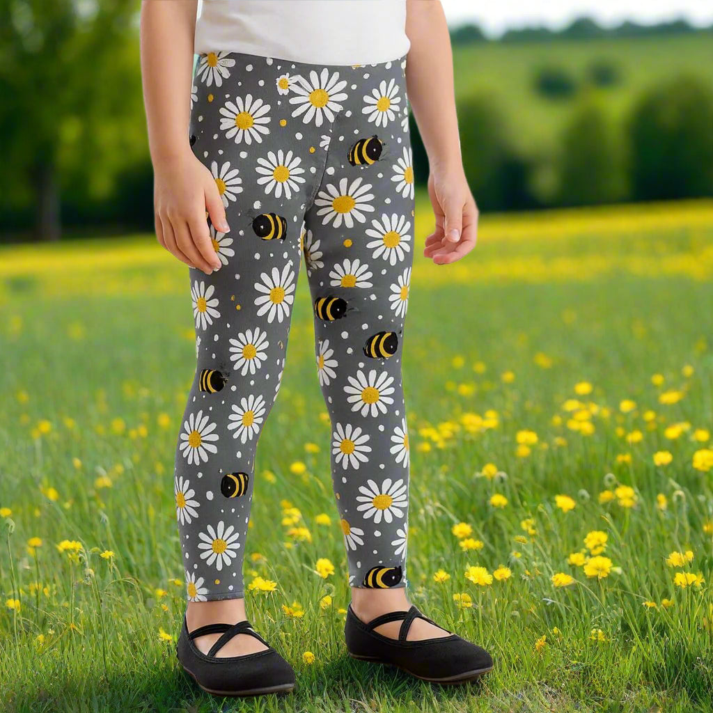 Girls Bee Daisy Leggings - High Waisted - Buttery Soft - Gray/Yellow Leggings MomMe and More S Gray