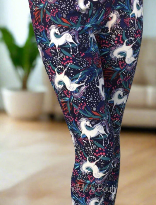 Womens Unicorn Leggings, Soft Yoga Pants, Sizes 0-20, Yoga Waist, Blue/White Leggings MomMe and More