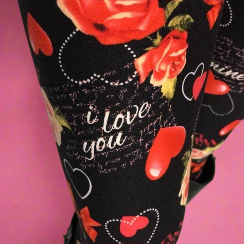 Girls Valentines Day Leggings, Heart Be-Mine Leggings, Kids Yoga Pants, Sizes S/L, No-Roll Waist, Black/Red Leggings MomMe and More
