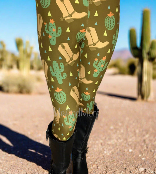Womens Western Boot Cactus Leggings Soft Yoga Pants Brown/Green Sizes 0-22 Leggings MomMe and More 