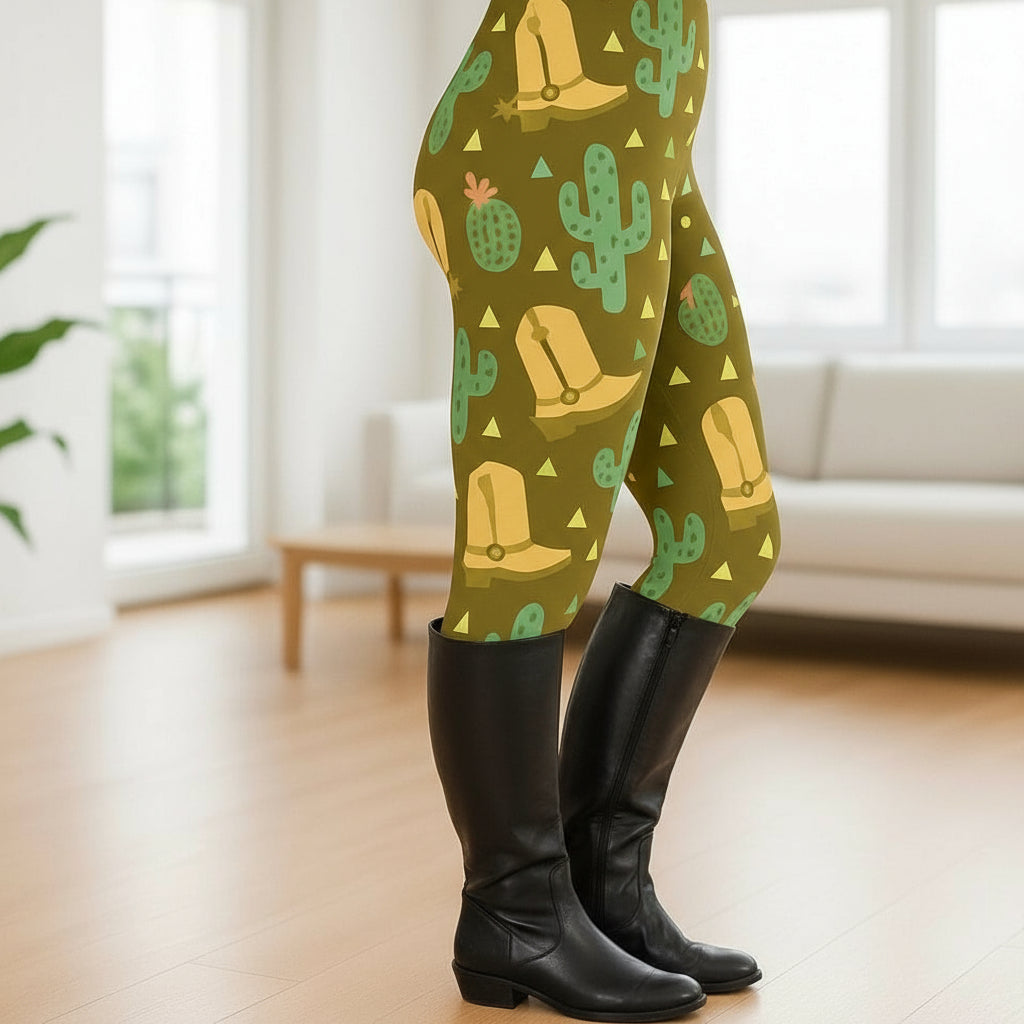 Womens Western Cactus Boots Leggings - High Waisted - Buttery Soft - Brown/Green Leggings MomMe and More S Brown/Green Yoga Waist