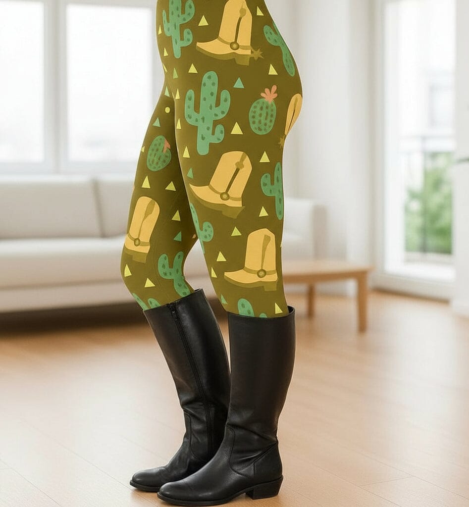 Womens Western Cactus Boots Leggings - High Waisted - Buttery Soft - Brown/Green Leggings MomMe and More