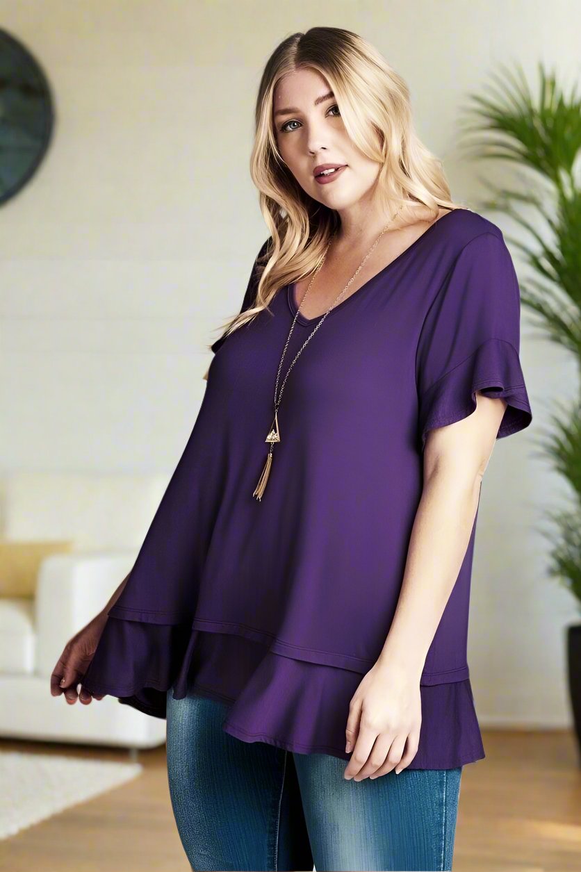Womens Purple Top | Flutter Sleeve Shirt | Ruffle Hem Solid Tunic Top Tops MomMe and More