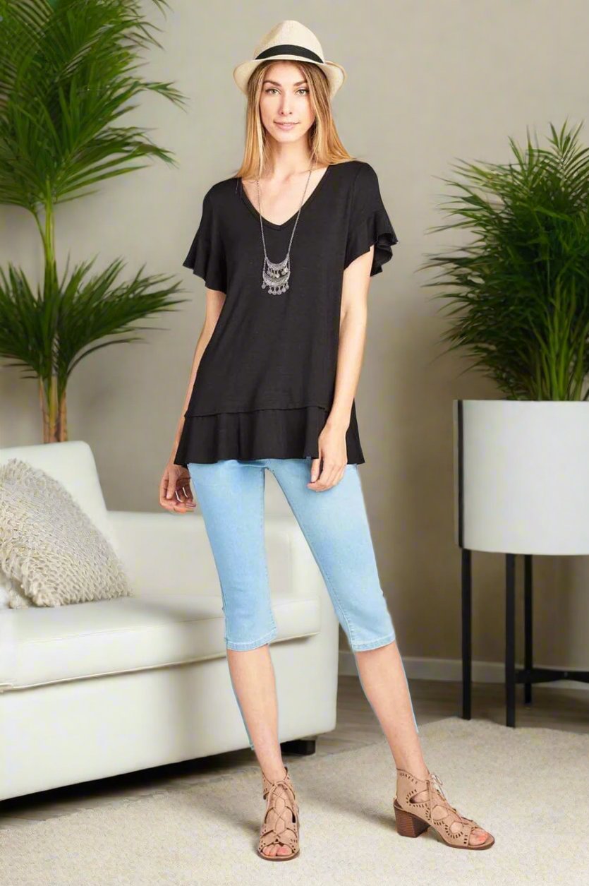 Womens Solid Black Top, V-Neck Ruffle Cap Sleeve & Ruffle Hem Shirt Tops MomMe and More
