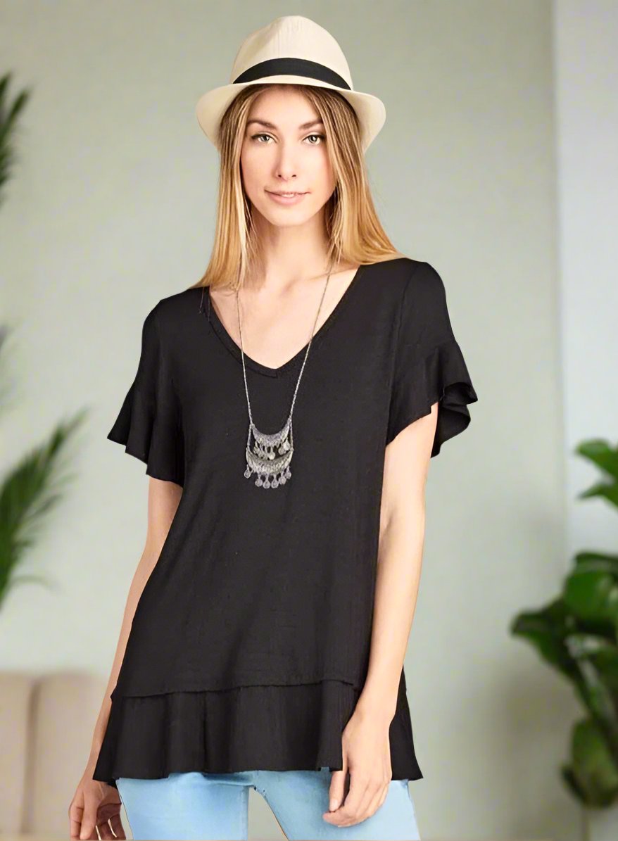 Womens Solid Black Top, V-Neck Ruffle Cap Sleeve & Ruffle Hem Shirt Tops MomMe and More