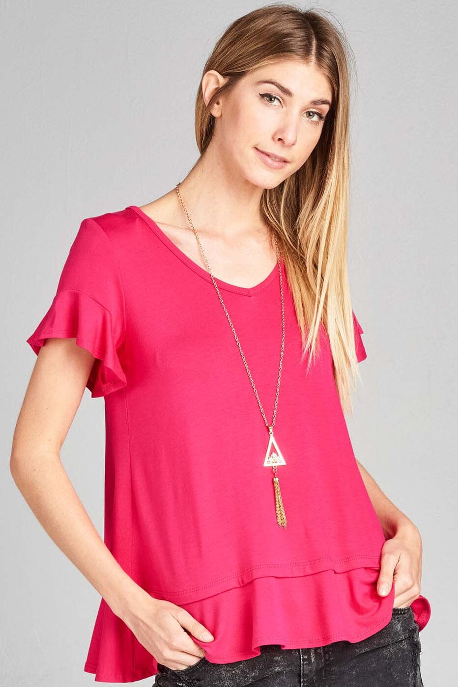 Womens Pink Flutter Sleeve Top, Ruffle Hem Spring Shirt