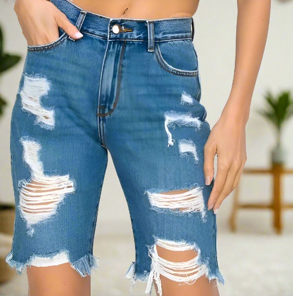 Ripped Jean Shorts For Women | Distressed Denim Shorts | Bermuda Jean Shorts | 100% Cotton Shorts Shorts MomMe and More 