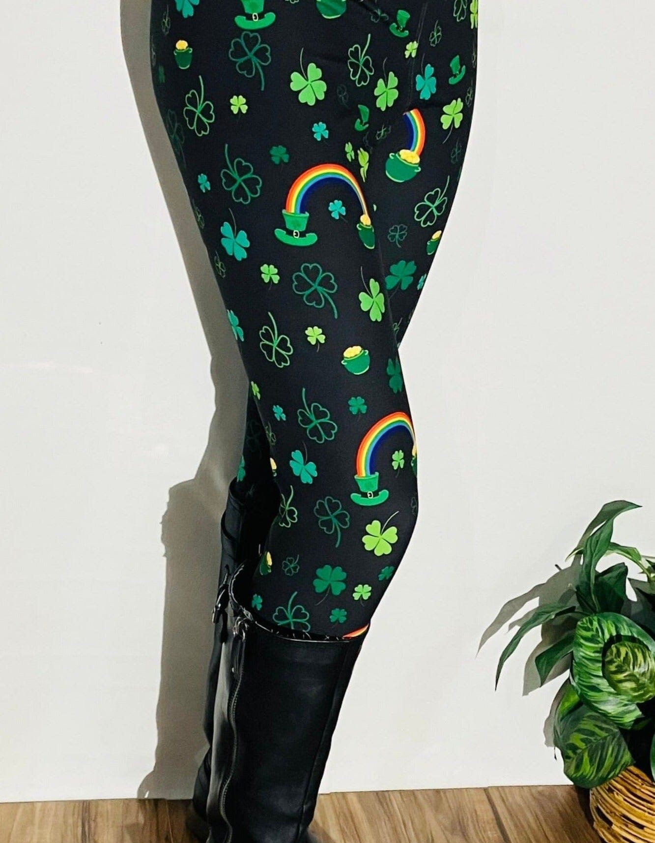 Womens Leggings | Exclusive St. Patrick Day Shamrock Rainbow Leggings | Yoga Pants | Footless Tights | Yoga Waistband Leggings MomMe and More 