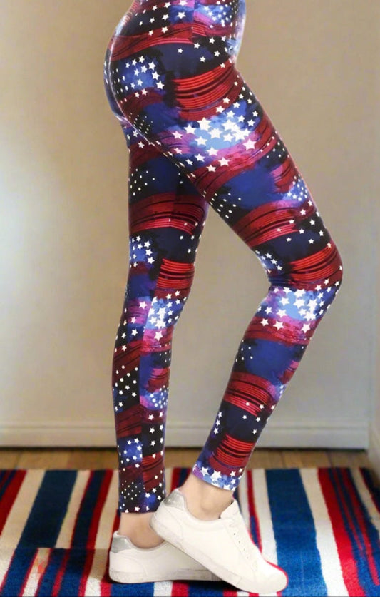 Womens American Flag Leggings, Patriotic 4th of July Pants, Sizes 18-22, No-Roll Waist, Red/White/Blue Leggings MomMe and More 18-22 Blue/Red