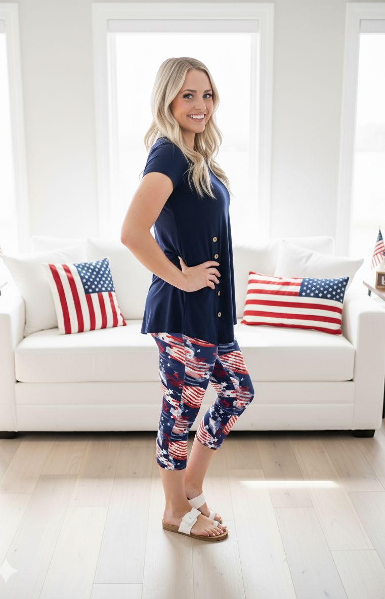 Womens American Flag Capri Leggings - High Waisted - Buttery Soft - 4th of July Leggings MomMe and More