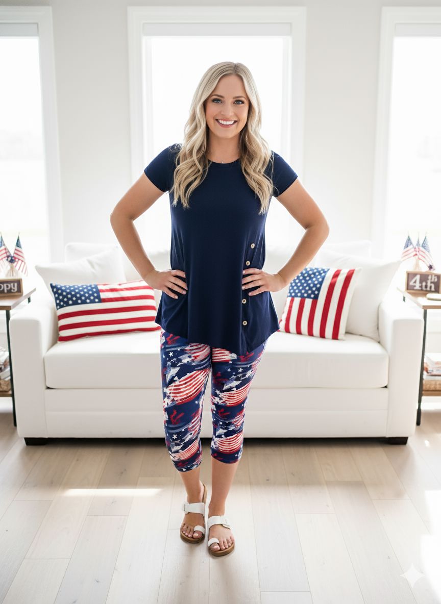 Womens American Flag Capri Leggings - High Waisted - Buttery Soft - 4th of July Leggings MomMe and More