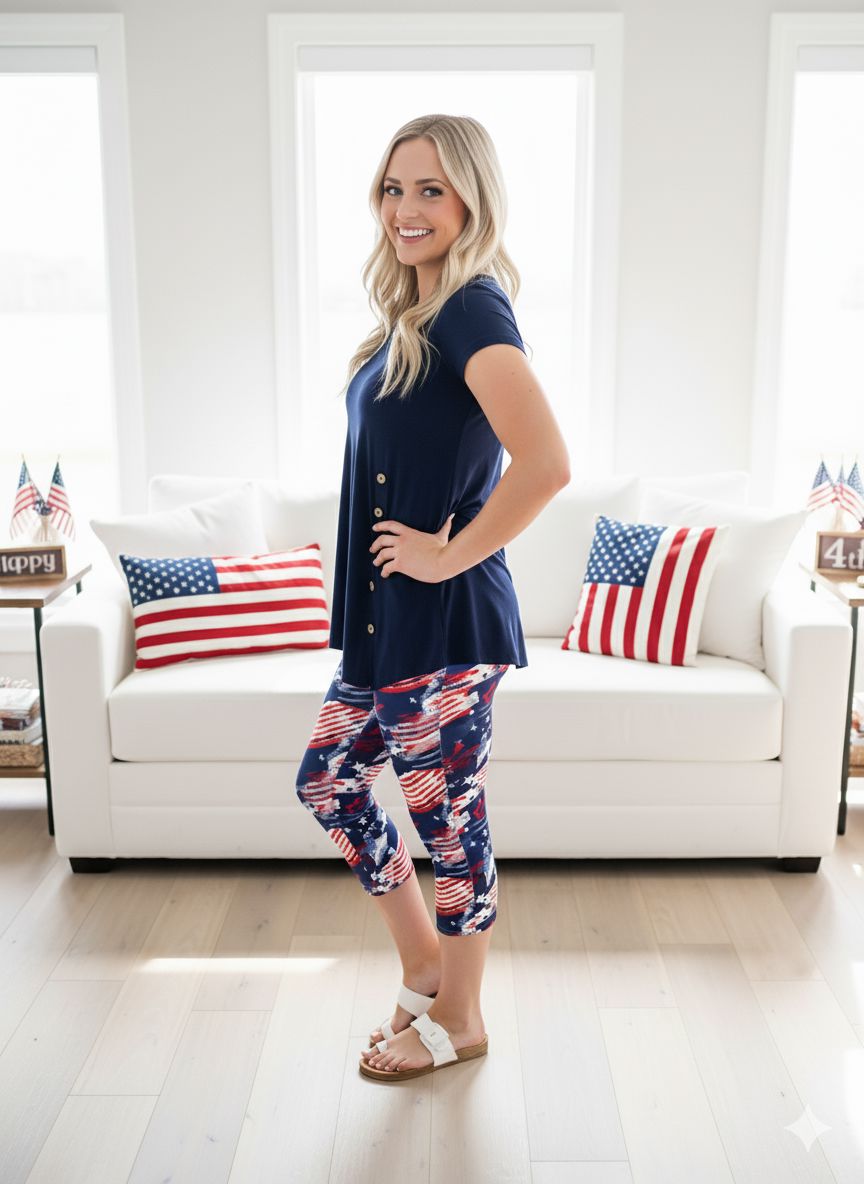 Womens American Flag Capri Leggings - High Waisted - Buttery Soft - 4th of July Leggings MomMe and More