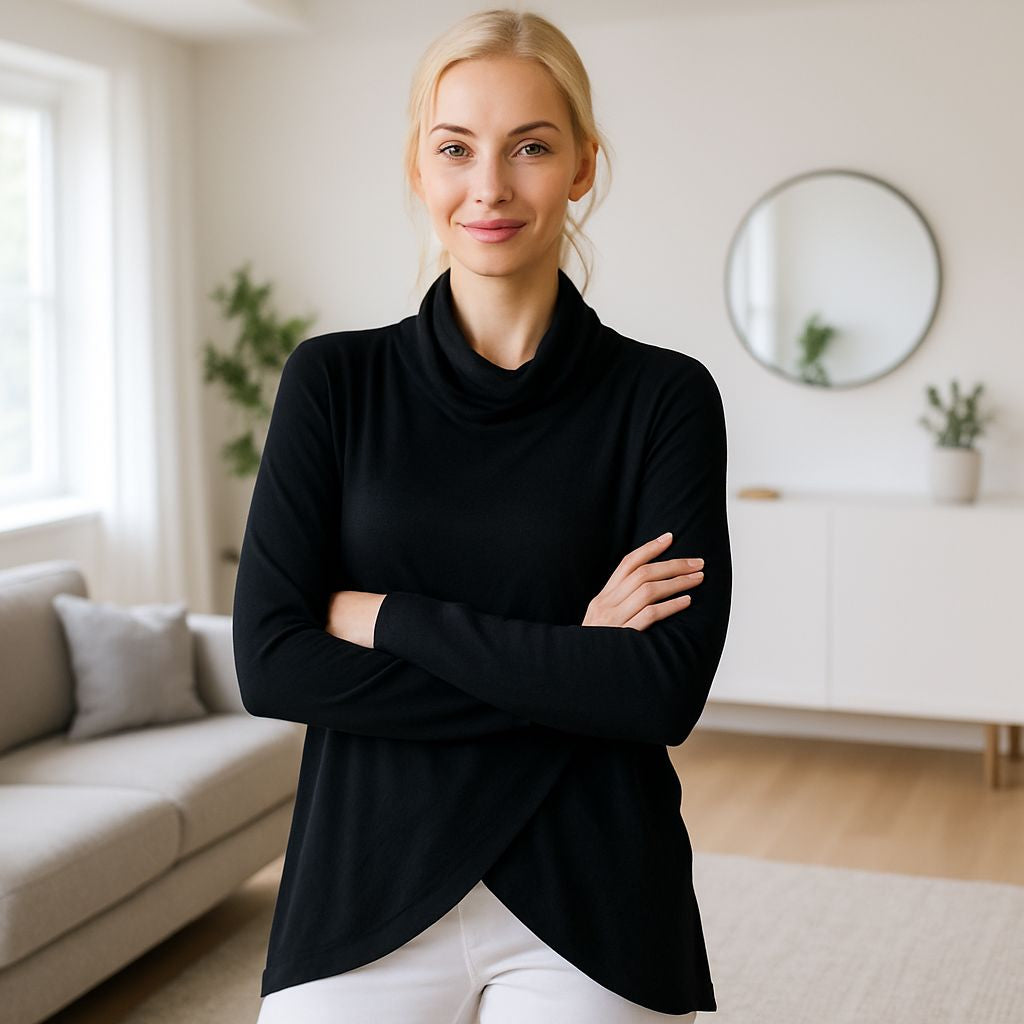 Womens Black Criss Cross Top - Cowl Neck - Oversized Tunic - Solid Black top MomMe and More S Black