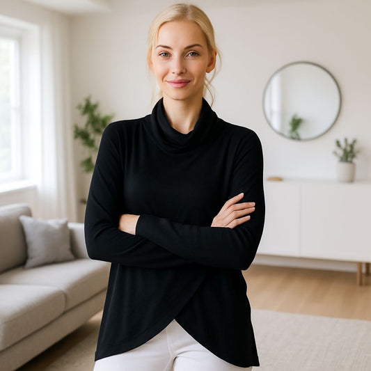 Womens Black Criss Cross Top - Cowl Neck - Oversized Tunic - Solid Black top MomMe and More S Black
