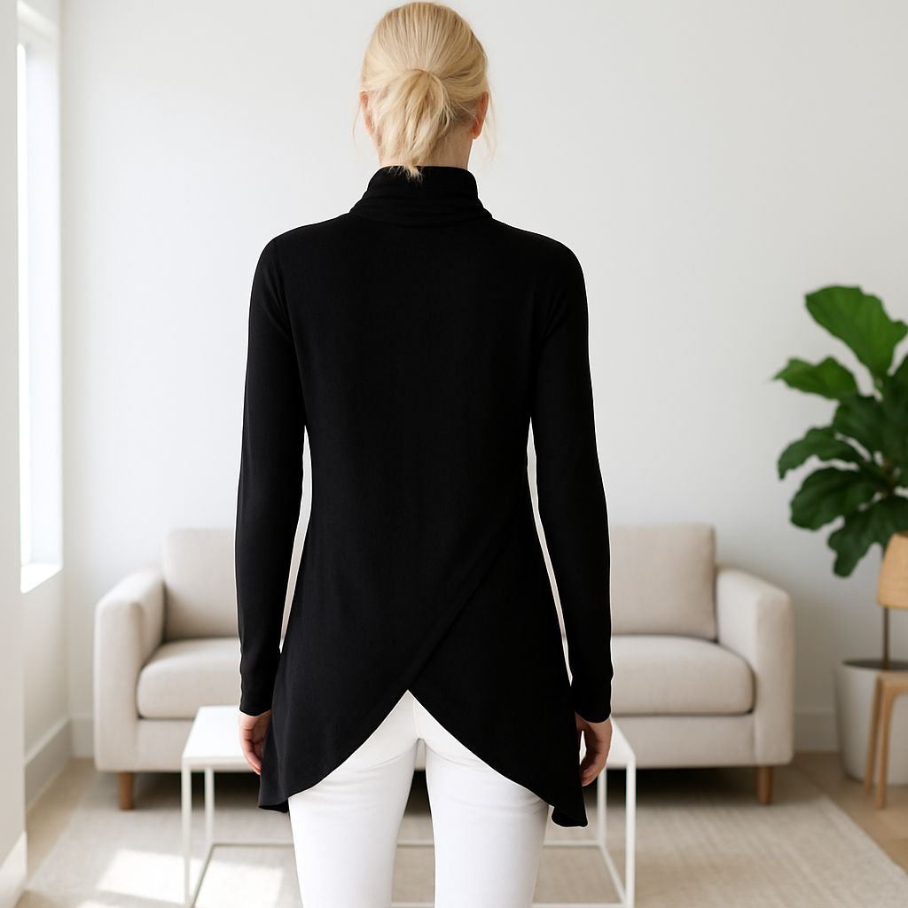 Womens Black Criss Cross Top - Cowl Neck - Oversized Tunic - Solid Black top MomMe and More