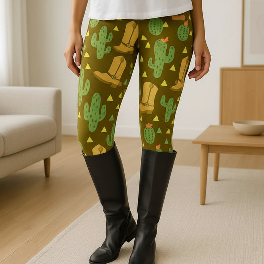 Womens Western Boots Leggings - High Waisted - Buttery Soft - Brown/Multi Leggings MomMe and More