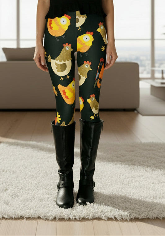 Womens Chicken Leggings - High Waisted - Buttery Soft - Brown/Orange Leggings MomMe and More