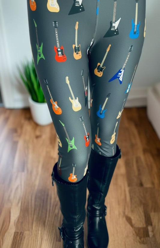 Womens Guitar Leggings - High Waisted - Buttery Soft - Gray/Multi Leggings MomMe and More S Gray Yoga Waist