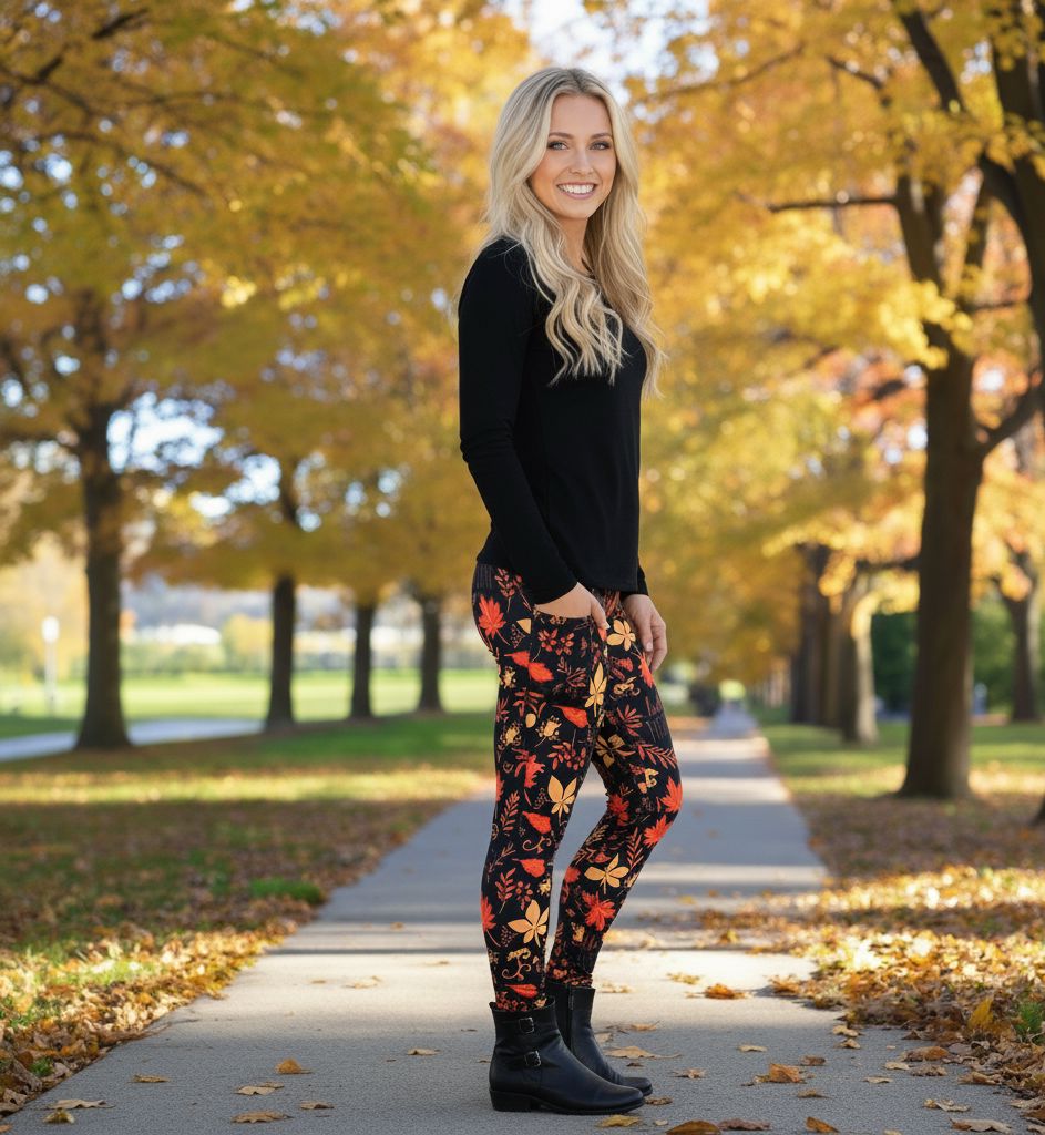Womens Fall Leaf Leggings - High Waisted - Buttery Soft - Halloween Thanksgiving Leggings- Black/Orange Leggings MomMe and More
