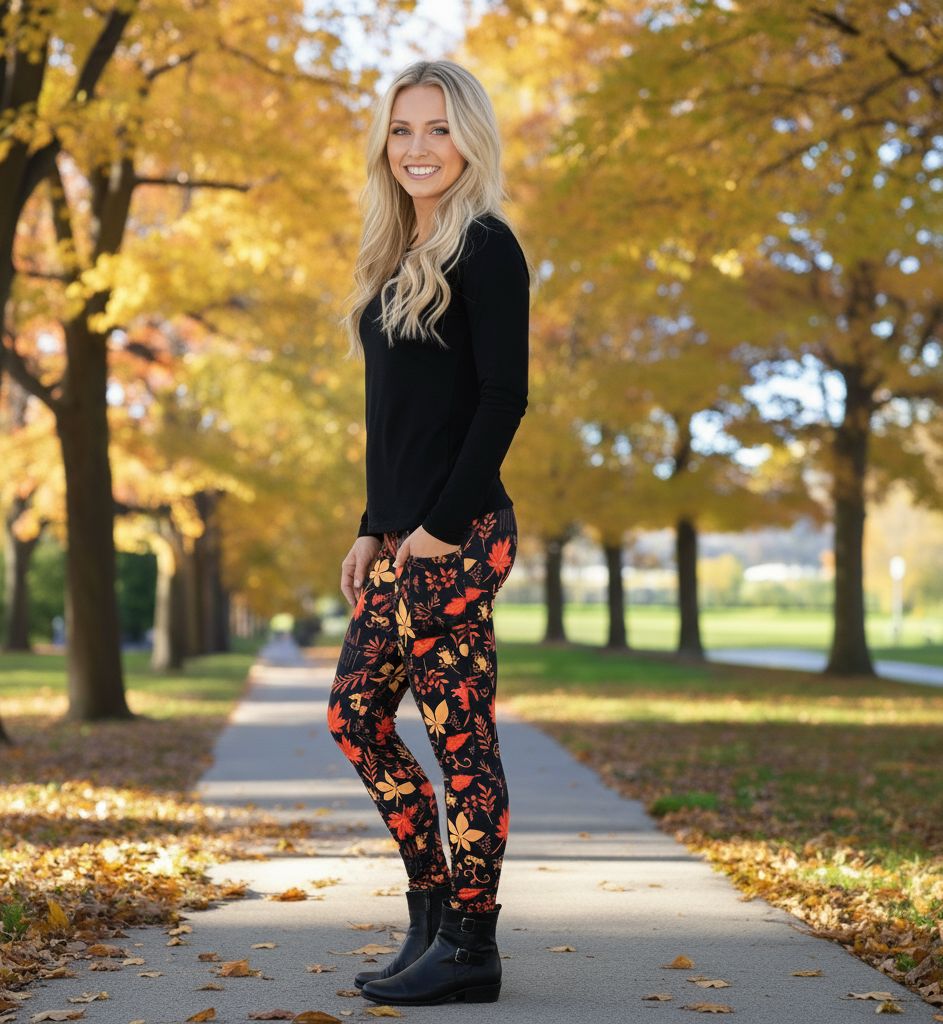 Womens Fall Leaf Leggings - High Waisted - Buttery Soft - Halloween Thanksgiving Leggings- Black/Orange Leggings MomMe and More